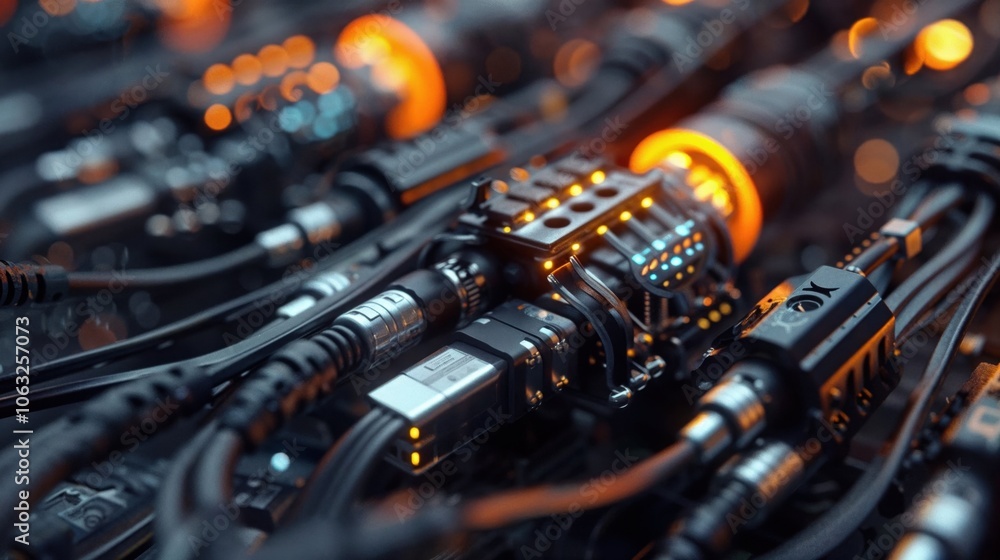 close-up of complex technological components and wires with glowing orange lights, creating a futuristic, high-tech atmosphere. close-up of complex technological components and wires with glowing orange lights, creating a futuristic, high-tech atmosphere.