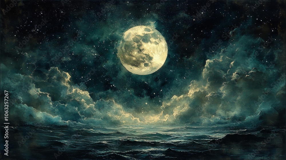 Fototapeta premium Full moon above a vast and stormy sea with a starry night sky behind it