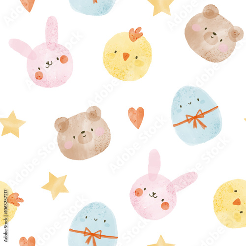 Easter watercolor seamless pattern with pink bunny, yellow chicken, brown teddy bear, blue egg, stars, hearts. Kids seamless pattern vector desigh.