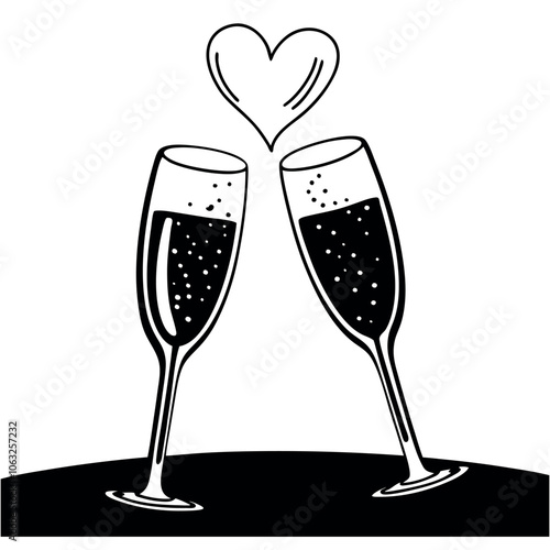 Two sparkling glasses of champagne or wine. Cheers icon. Retro style vector illustration isolated on white background