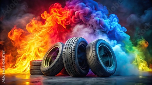 Burning tyres in colorful smoke abstract with melting effect created by forced perspective photo