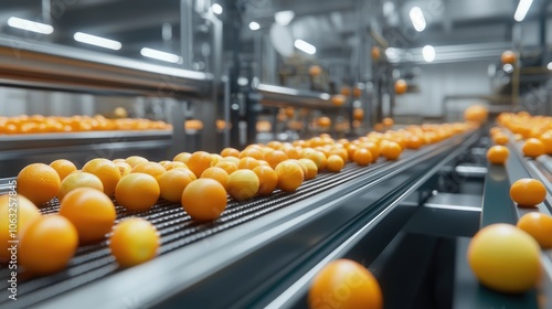 Fototapeta Naklejka Na Ścianę i Meble -  Conveyor production line for processing food and fruits in an automated factory setting