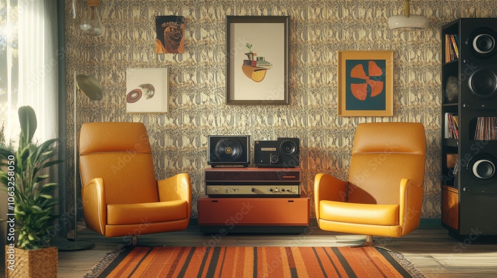 Retro-inspired living room with a bold, patterned wallpaper, record player, and unique armchairs, adding charm and personality. Retro-inspired living room with a bold, patterned wallpaper, record player, and unique armchairs, adding charm and personality.