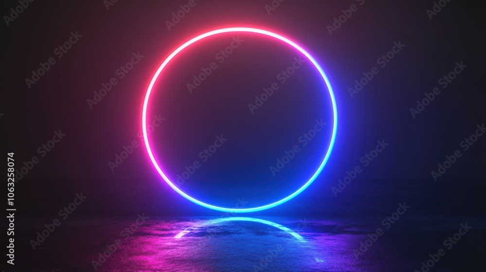 Neon circle light frame, empty blue pink gradient banner, round glow ring with reflection on black background 3d render. Night club or casino electric signboard with glowing border. Neon circle light frame, empty blue pink gradient banner, round glow ring with reflection on black background 3d render. Night club or casino electric signboard with glowing border.