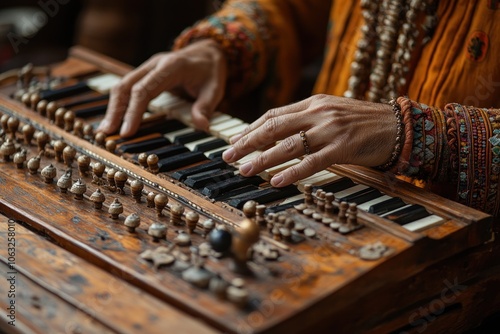 Close-up of a woman's hands playing a vintage harmonium with intricate details.