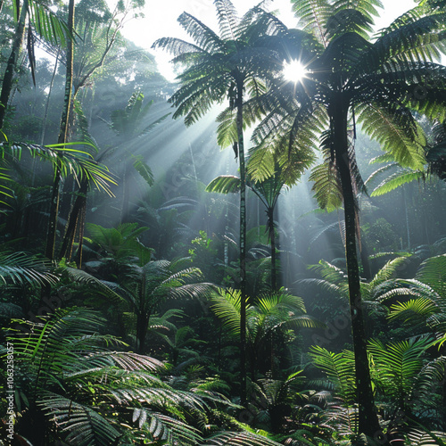 The sun's rays fall deep into a dense forest