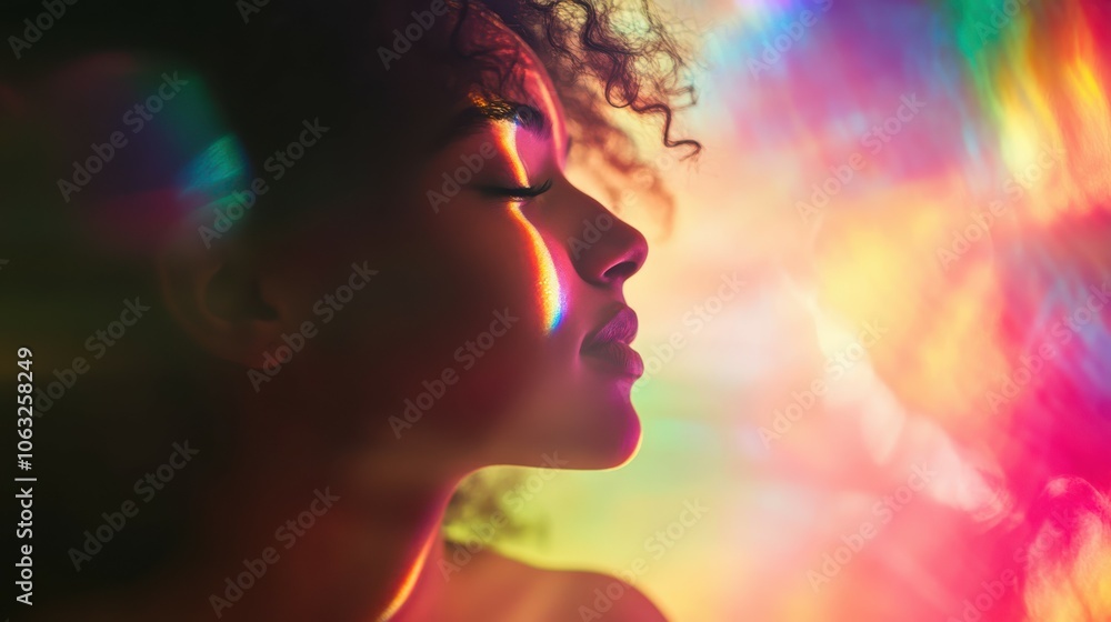 Mixed race woman on psychedelic experience in rainbow of light. Mixed race woman on psychedelic experience in rainbow of light.