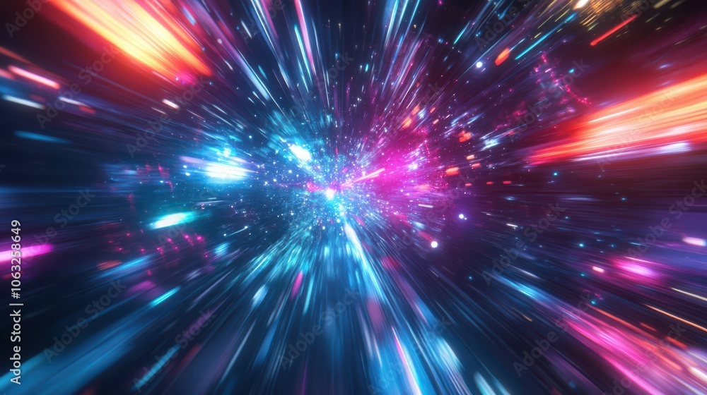 Hyperjump in space. Multicolored glowing neon rays. High speed tunnel motion zooming in Hyperjump in space. Multicolored glowing neon rays. High speed tunnel motion zooming in