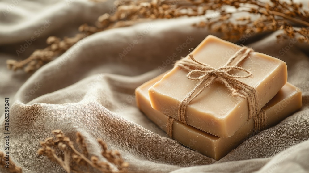 Natural Soap Bars on Soft Fabric Background Natural Soap Bars on Soft Fabric Background