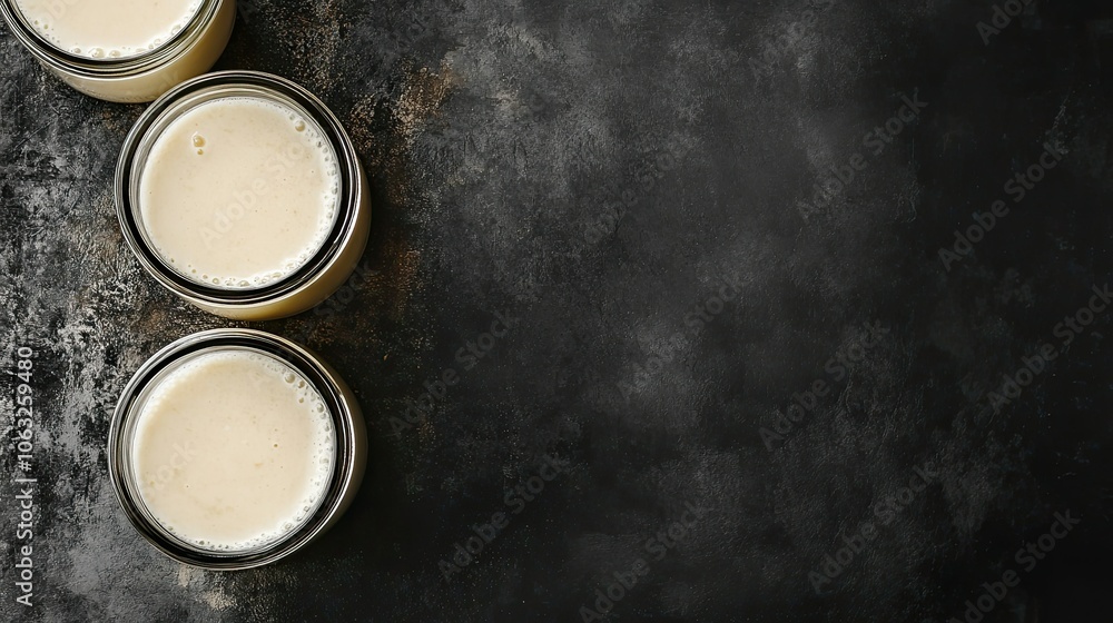 Creamy Drinks in Glass Jars on a Dark Surface Creamy Drinks in Glass Jars on a Dark Surface