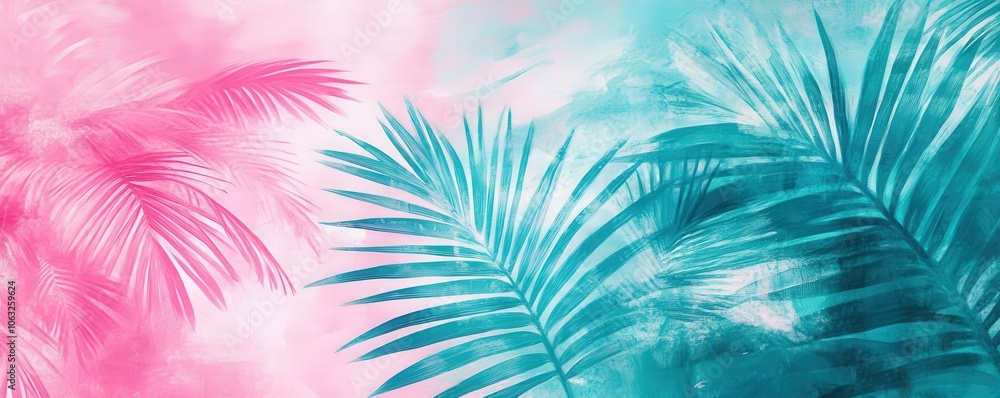 Vibrant Tropical Palm Leaves with Teal and Pink Color Palette on Textured Background Vibrant Tropical Palm Leaves with Teal and Pink Color Palette on Textured Background