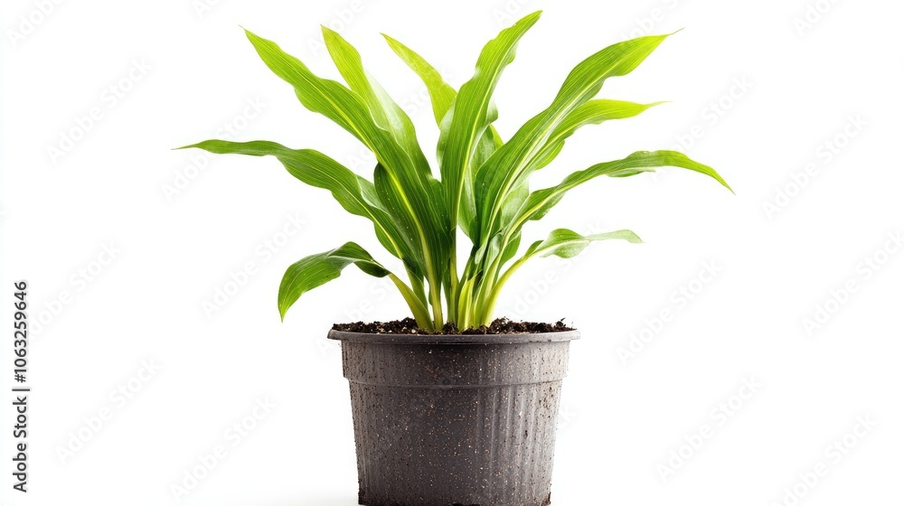 Fototapeta premium Corn plant in a pot viewed from the front isolated on a white background
