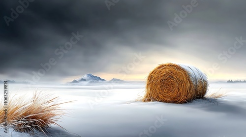 A dramatic winter landscape featuring a single bail of hay partially covered in snow, with frost on the surrounding grass. The stark contrast between the white snow and the earthy tones of the 