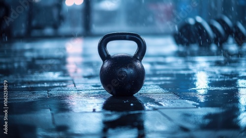 Close up of a kettlebell resting on a gym floor photo