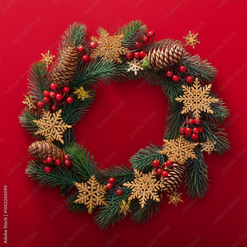 Festive Christmas wreath. Round frame made of conifer branches decorated with cones, artificial red berries and decorative gold snowflakes Festive Christmas wreath. Round frame made of conifer branches decorated with cones, artificial red berries and decorative gold snowflakes