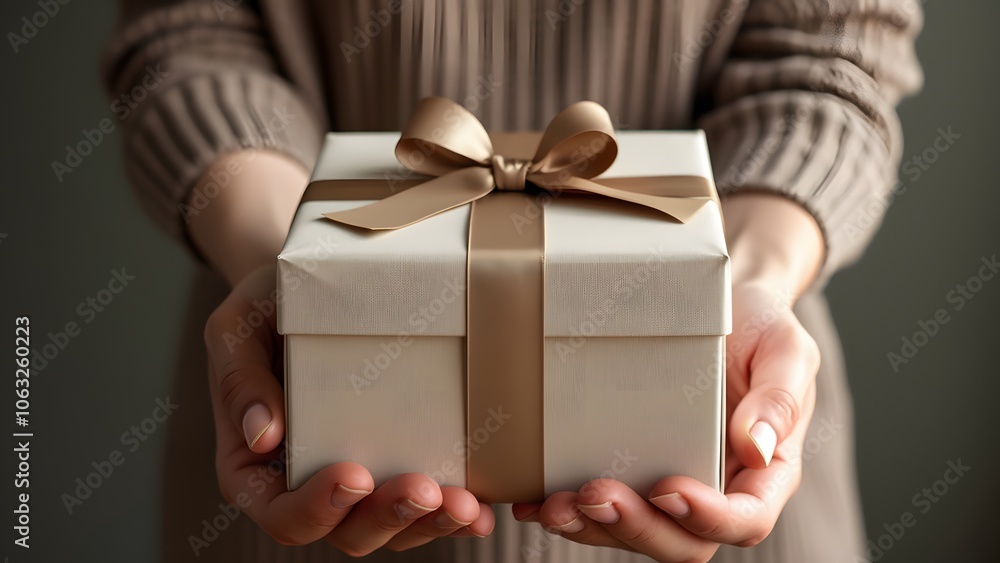 Hands offering a beautifully wrapped present with a ribbon Hands offering a beautifully wrapped present with a ribbon