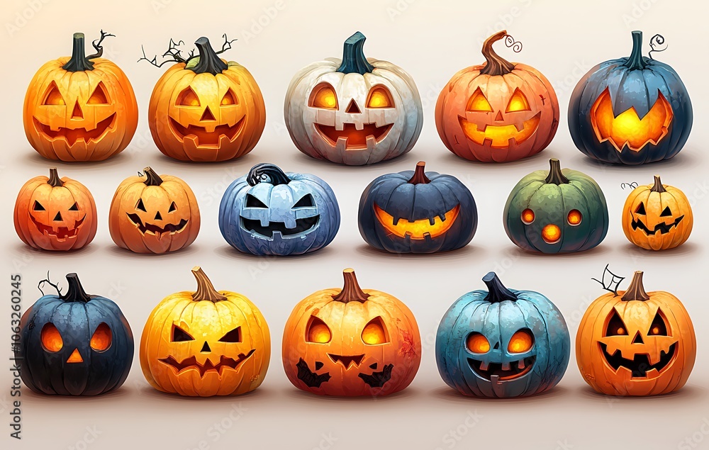 A delightful collection of pumpkins featuring a variety of expressive faces A delightful collection of pumpkins featuring a variety of expressive faces