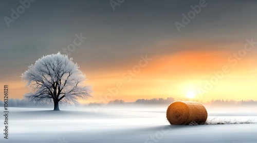 A dramatic winter landscape featuring a single bail of hay partially covered in snow, with frost on the surrounding grass. The stark contrast between the white snow and the earthy tones of the 