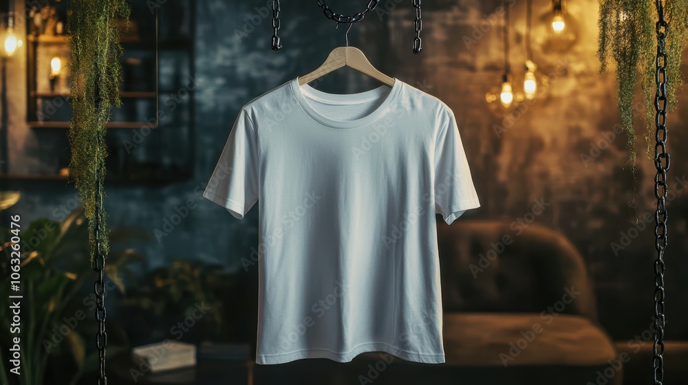 Mockup of customizable t-shirt hanging on chain Mockup of customizable t-shirt hanging on chain