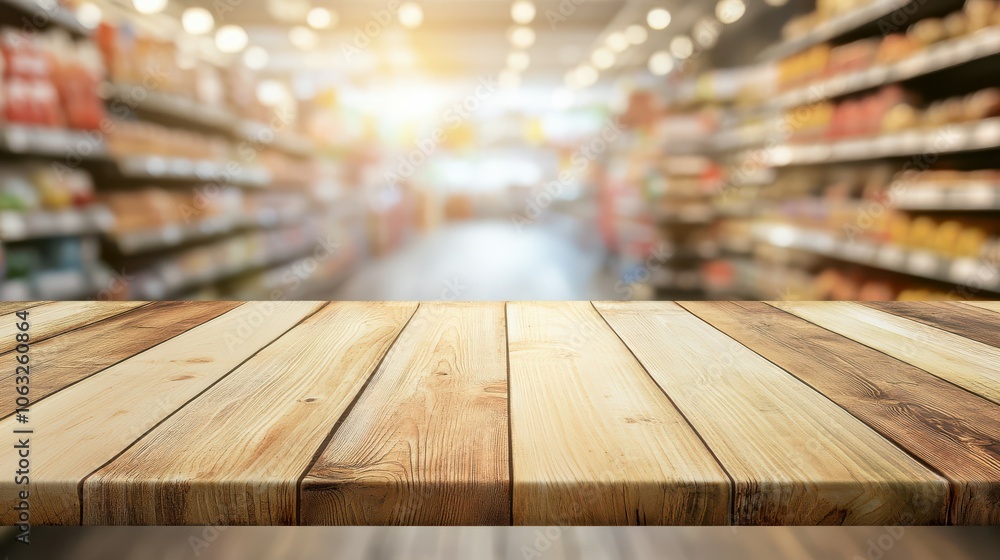 Empty wood table top with supermarket blurred background for product display Empty wood table top with supermarket blurred background for product display