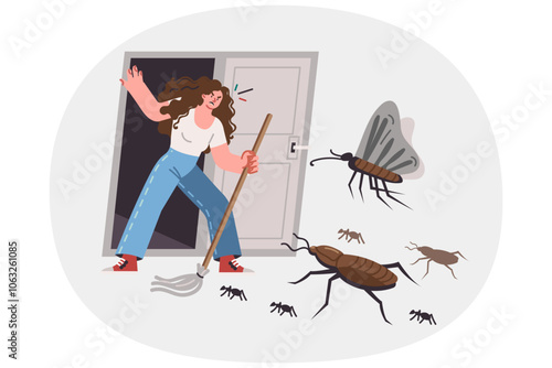 Insects and pests attack woman trying to enter apartment after thorough cleaning or disinfection
