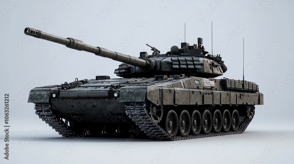 A military tank isolated against a white background. A military tank isolated against a white background.