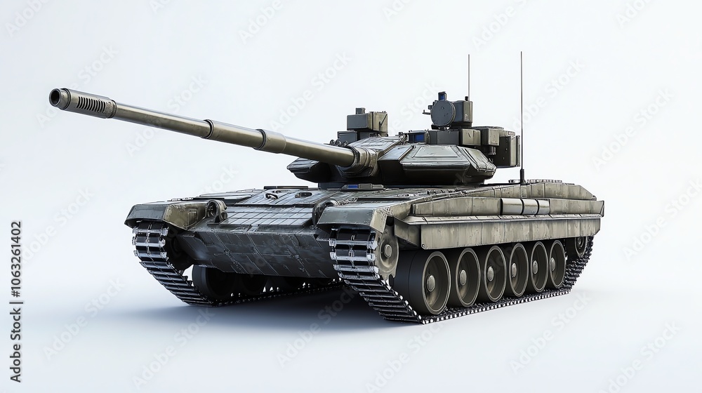 A military tank isolated against a white background. A military tank isolated against a white background.