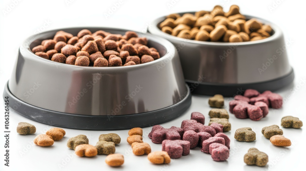 pet bowl and pet food in the white background pet bowl and pet food in the white background