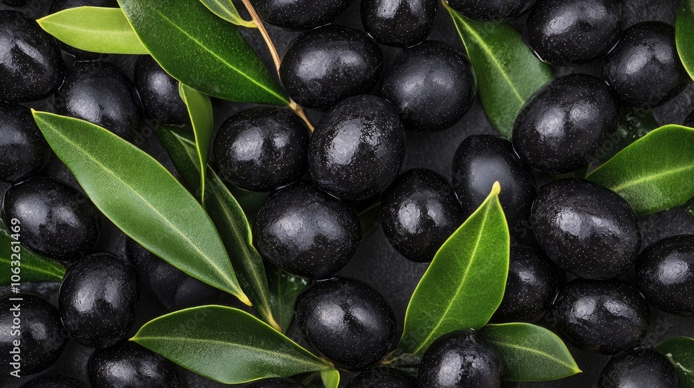 Close up view from above of numerous black olives accompanied by green leaves Close up view from above of numerous black olives accompanied by green leaves