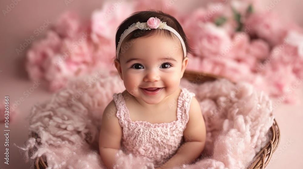 Cute and playful baby against a soft pink backdrop Cute and playful baby against a soft pink backdrop