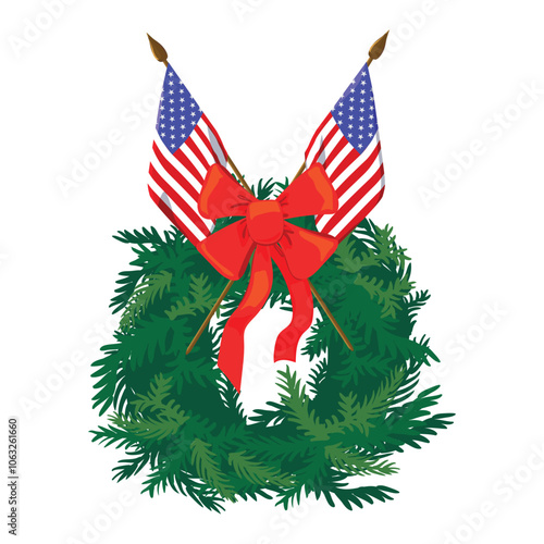 Decoration for National Wreath through America Day. Vector wreath of evergreen branches and US flags. Traditional memorial day for heroes at the national cemetery in December. Vector illustration.