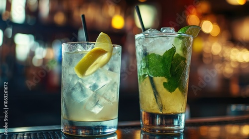 Close up of two refreshing alcoholic beverages including gin and tonic with lemonade and a mojito garnished with lime served chilled with ice