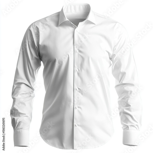 The white shirt is shown on the front with long sleeves and buttons down the center, a plain cotton material, a large collar with no creases or folds,generative ai