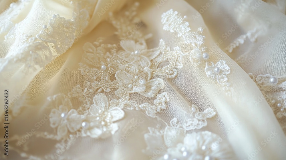 Cream fabric embellished with lace and beads for a touch of color Cream fabric embellished with lace and beads for a touch of color