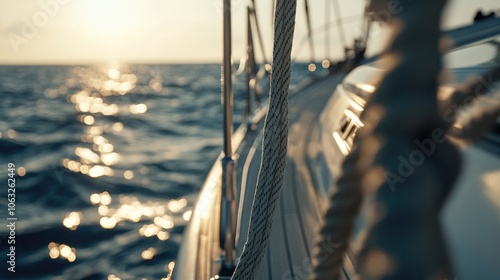 Close up of hoisting ropes on a yacht with a view of the ocean