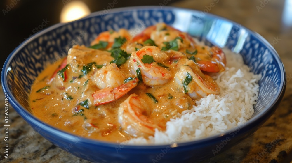 Coconut shrimp curry paired with rice featuring a rich and creamy sauce Coconut shrimp curry paired with rice featuring a rich and creamy sauce