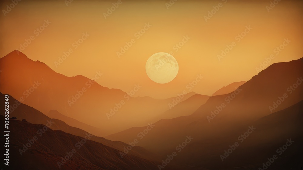 A breathtaking sunset view over serene mountain valleys, capturing the warm hues of dusk in a tranquil landscape. Perfect for nature, travel, or adventure themes A breathtaking sunset view over serene mountain valleys, capturing the warm hues of dusk in a tranquil landscape. Perfect for nature, travel, or adventure themes