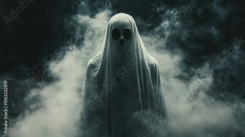 Faceless ghost hiding in the dark, surrounded by smoke