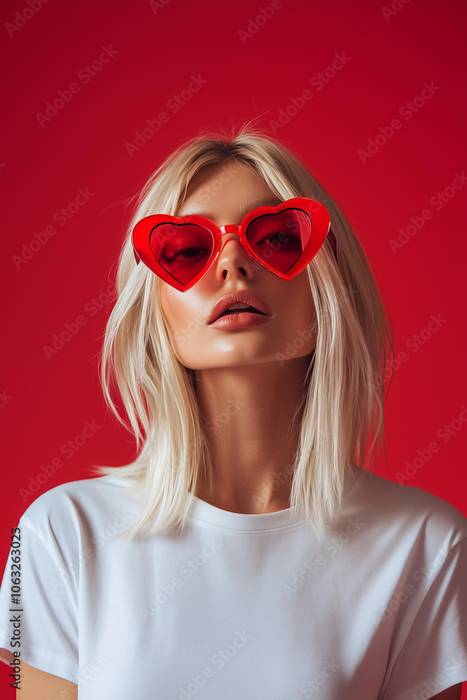 beautiful blonde woman wearing mock-up blank white t-shirt , wearing heart-shaped red sunglasses on an isolated red background, a funny animal in the concept of love for Valentine's Day celebration beautiful blonde woman wearing mock-up blank white t-shirt , wearing heart-shaped red sunglasses on an isolated red background, a funny animal in the concept of love for Valentine's Day celebration