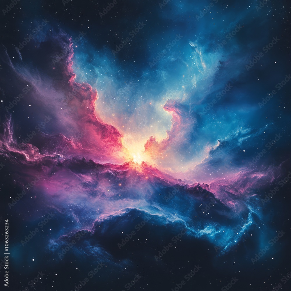Fototapeta premium A vibrant cosmic scene depicting colorful nebulae and stars in space.