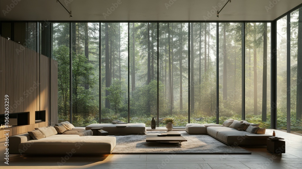 Modern home living room with beautiful forest view. Contemporary interior design Modern home living room with beautiful forest view. Contemporary interior design