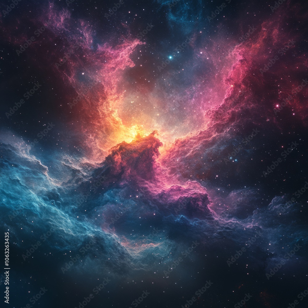 Fototapeta premium A vibrant cosmic scene depicting colorful nebulae and stars in space.