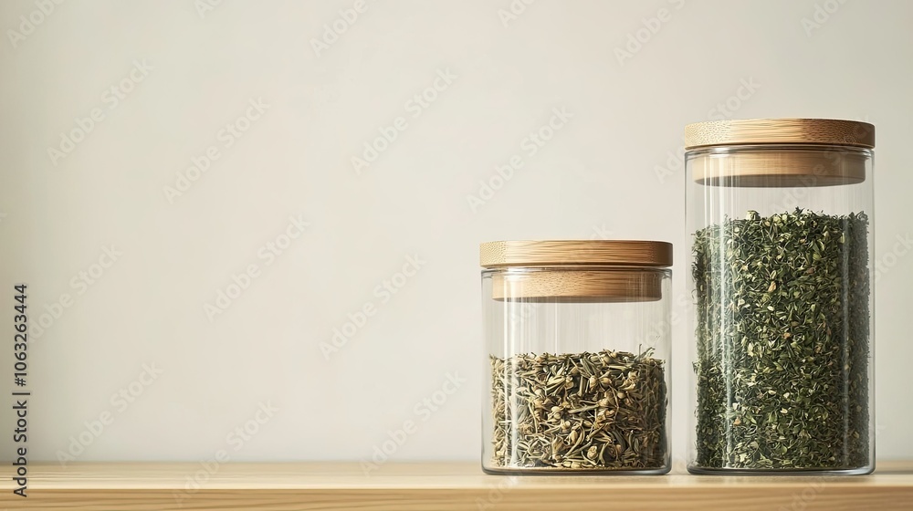 Herbal Jars with Wooden Lids on a Minimalist Shelf Herbal Jars with Wooden Lids on a Minimalist Shelf