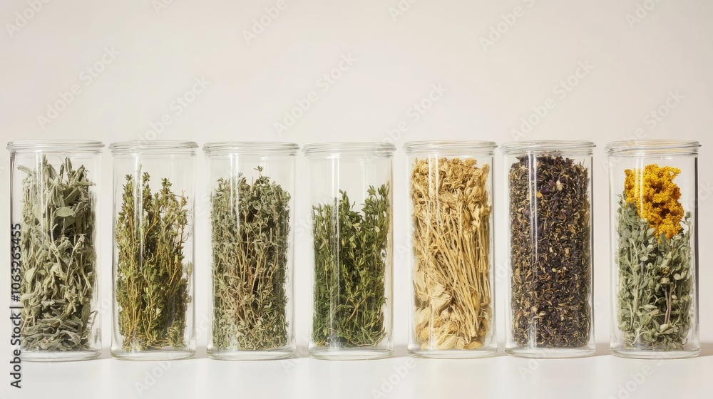 Assorted Dried Herbs in Glass Containers Assorted Dried Herbs in Glass Containers