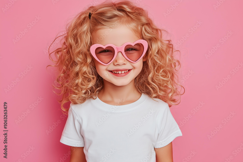 cute happy curly blonde child girl wearing mock-up blank white t-shirt , wearing heart-shaped pink sunglasses on an isolated pastel pink background, in the concept of love for Valentine's Day celebrat cute happy curly blonde child girl wearing mock-up blank white t-shirt , wearing heart-shaped pink sunglasses on an isolated pastel pink background, in the concept of love for Valentine's Day celebrat