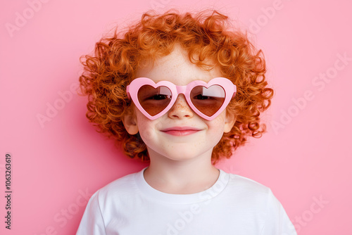 cute happy curly redhead child boy or girl wearing mock-up blank white t-shirt , wearing heart-shaped pink sunglasses on an isolated pastel pink background, in the concept of love for Valentine's Day