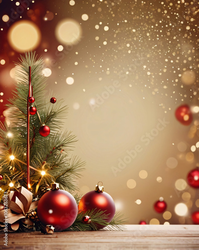 Christmas card design. New year festive mock up with lights and decor. Christmas tree and snow