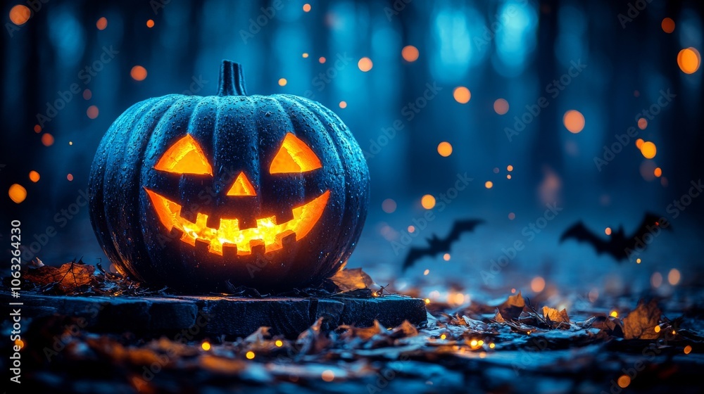 Jack-o-lantern glowing in a dark and mysterious forest with scattered leaves and bats flying in the distance. . Jack-o-lantern glowing in a dark and mysterious forest with scattered leaves and bats flying in the distance. .
