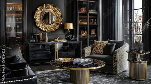 Contemporary dark hued living room featuring an armchair and elegant gold accents photo