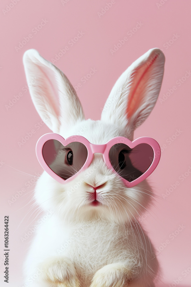white bunny wearing heart-shaped pink sunglasses on an isolated pastel pink background, a funny animal in the concept of love for Valentine's Day celebration or a Valentine's party decoration idea white bunny wearing heart-shaped pink sunglasses on an isolated pastel pink background, a funny animal in the concept of love for Valentine's Day celebration or a Valentine's party decoration idea